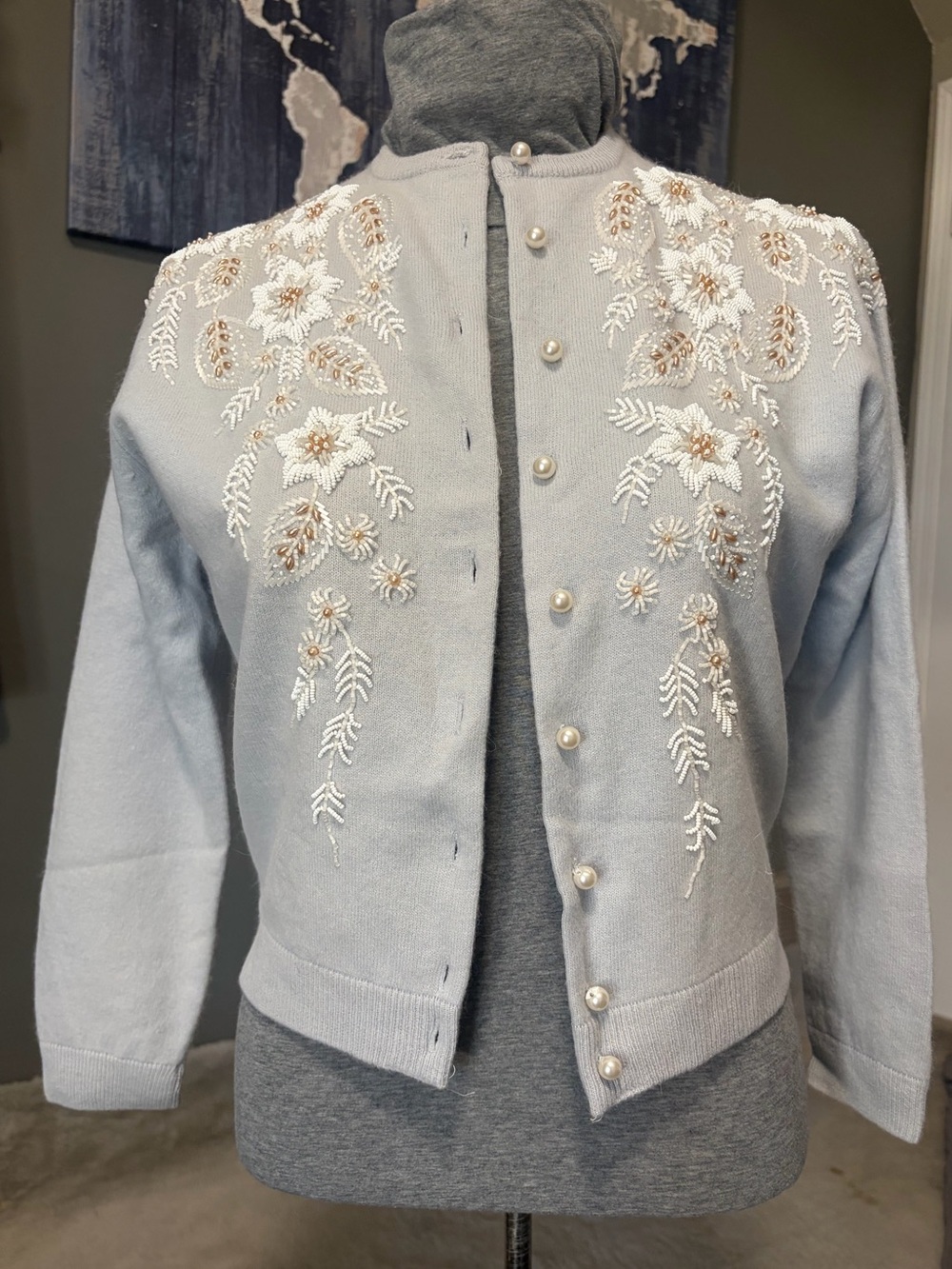 Vintage JEM Lambswool Angora Beaded Cardigan 38 Pearl Floral Hong Kong